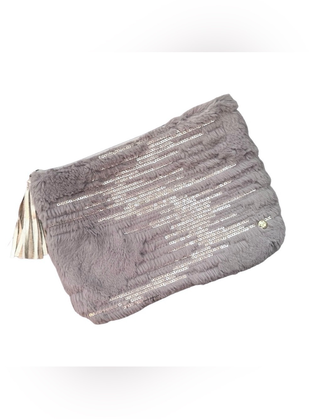 Stephanie Johnson Geneva Faux Fur Sequin Makeup Cosmetic Bag Tassel Zip